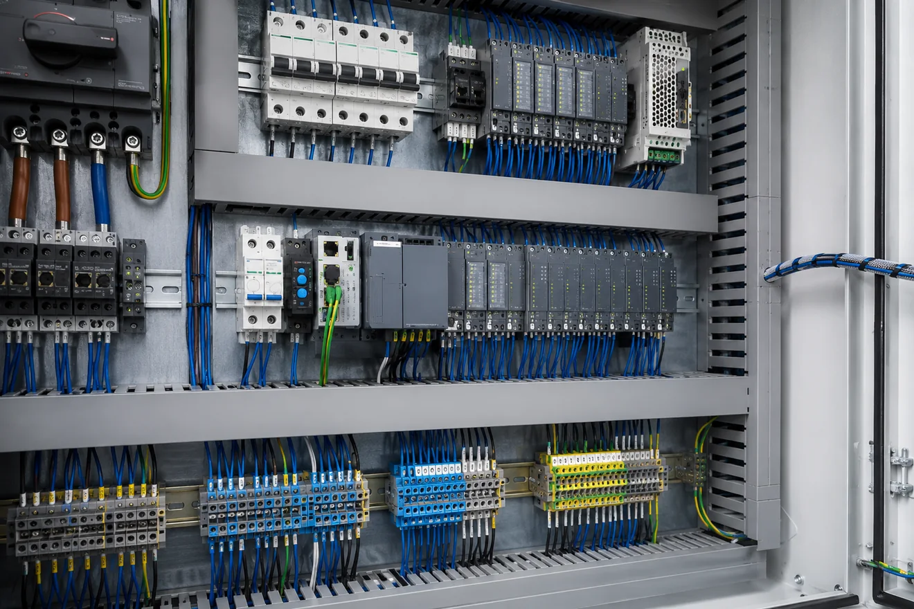 Control cabinet wiring separation diagram for power, control and field terminals