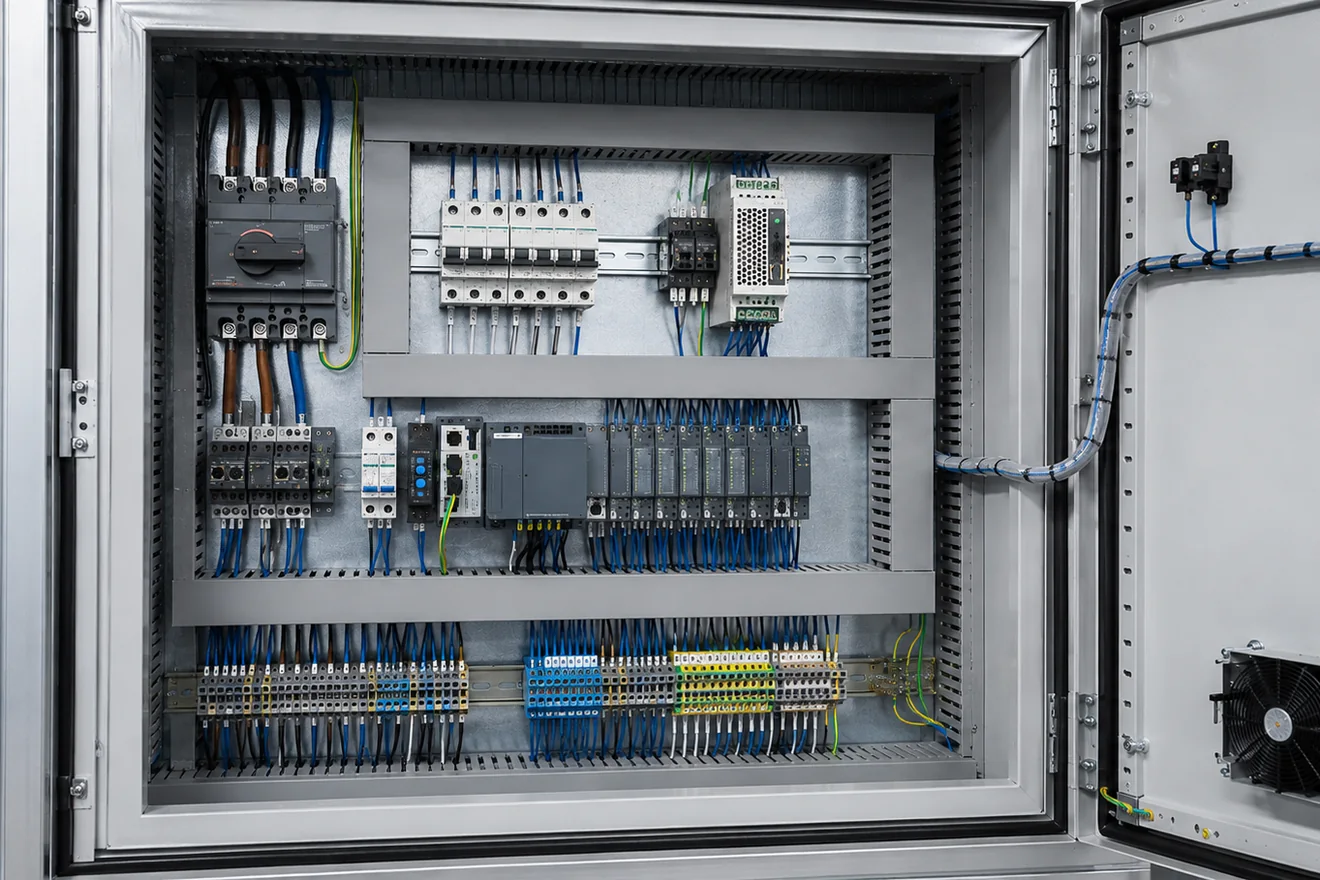 Control cabinet reading order diagram from supply entry to field terminals