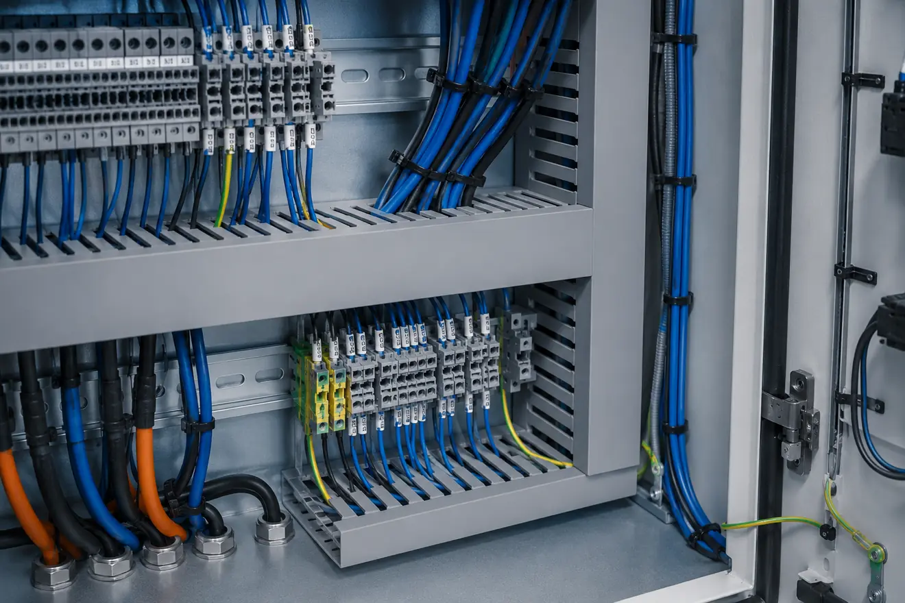 Control cabinet wire ducts with organised conductors and service access space