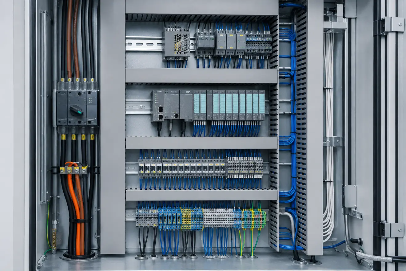 Separated control cabinet wiring groups for power control signal and field wiring