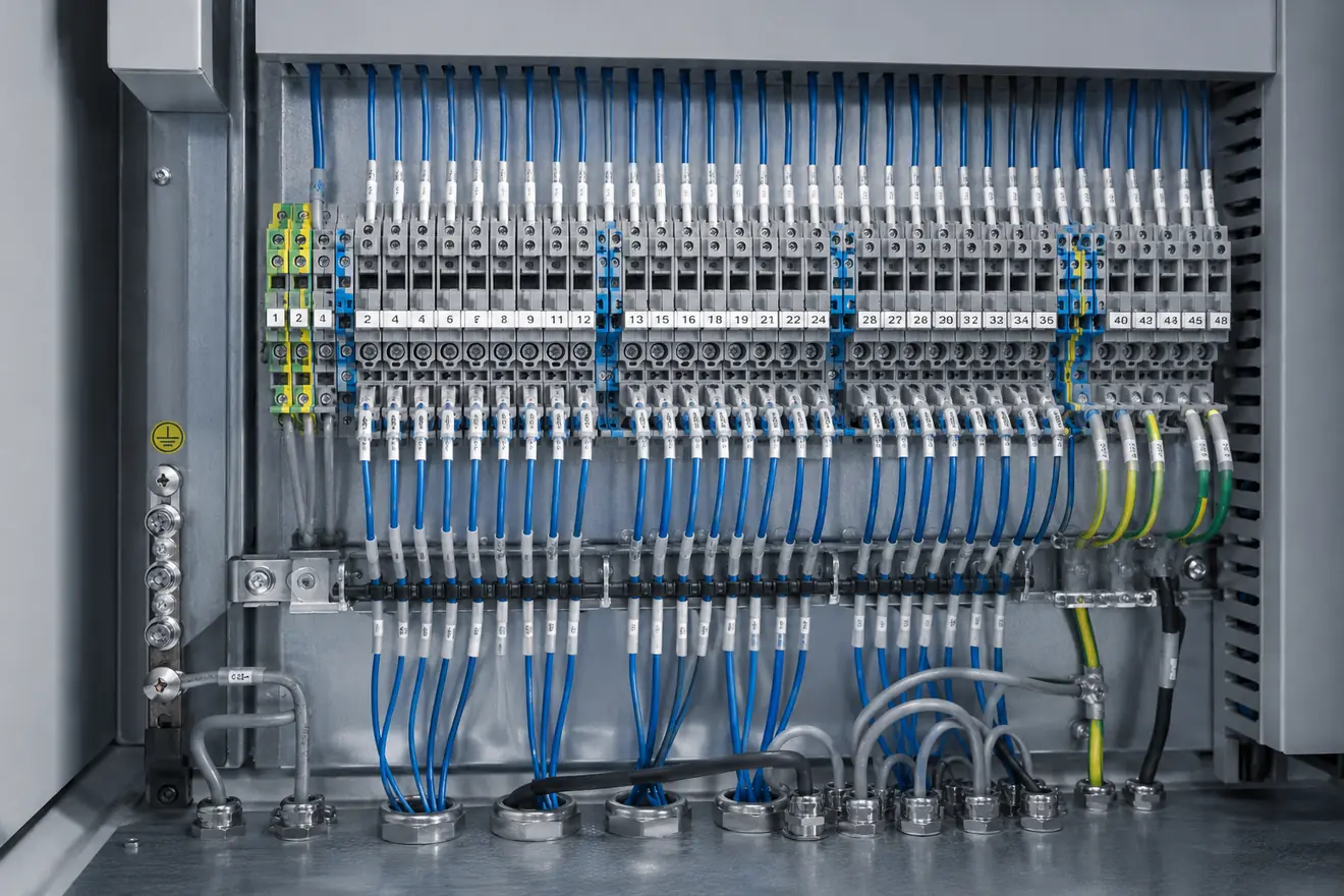 Control cabinet terminal blocks with shield termination protective earth and field cable entry