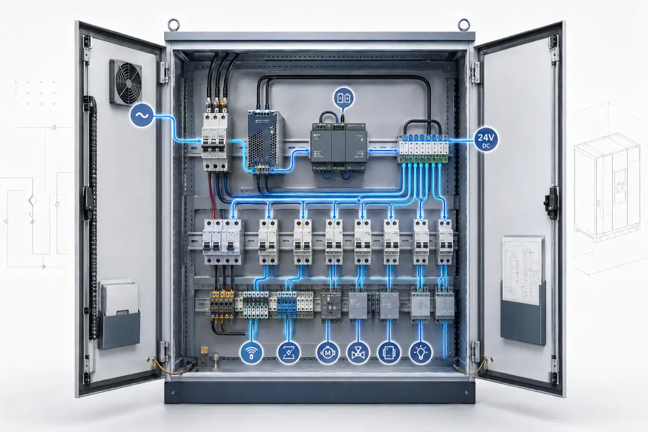 DIN rail power supply and 24 V DC distribution with backup and load branches
