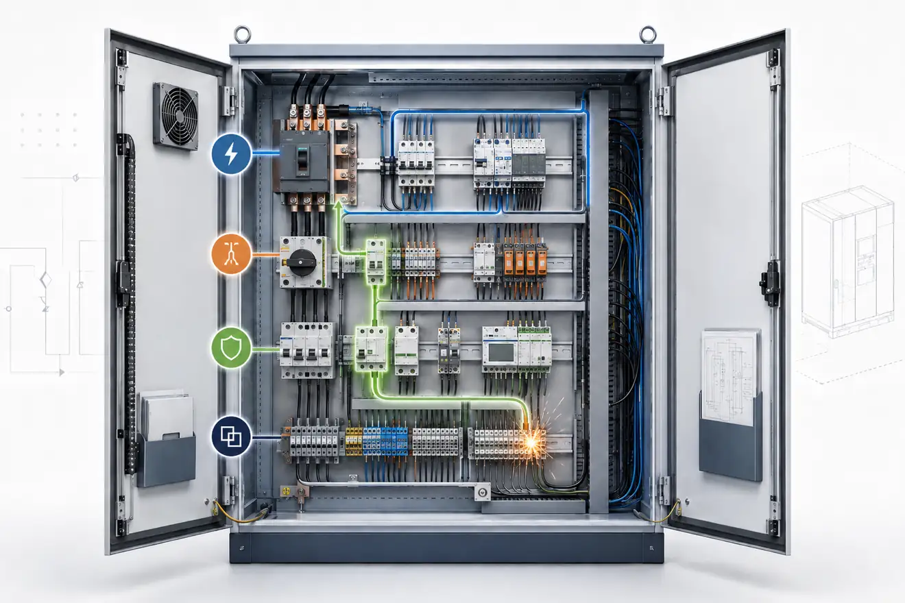 Protection path with fuse breaker overload and fault point in a control cabinet