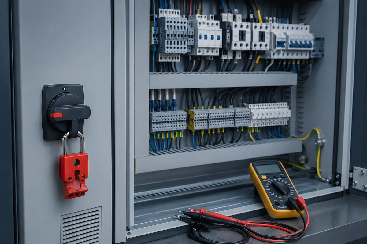 Locked control cabinet isolator with multimeter ready for proving dead