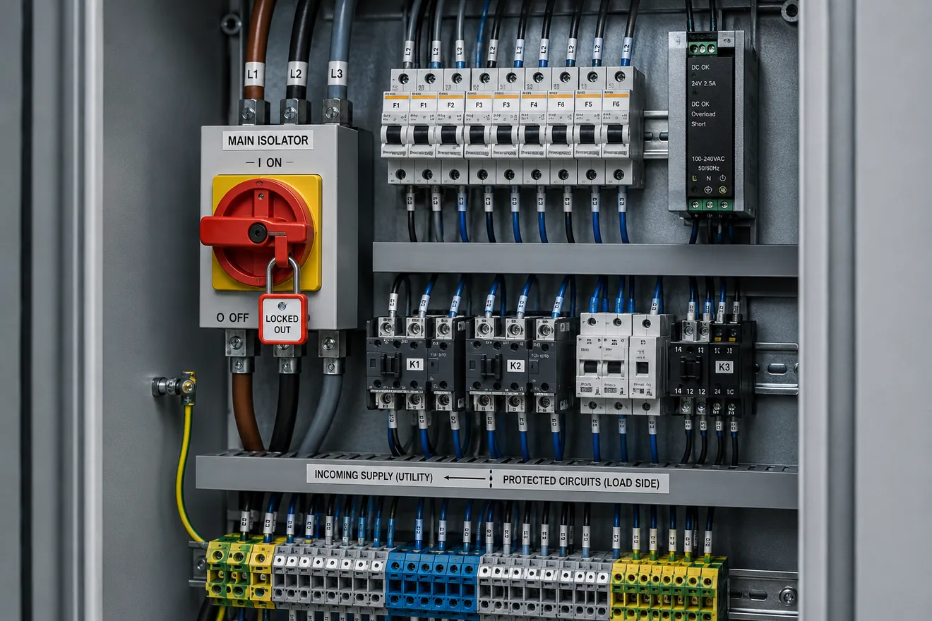Isolation path from cabinet main switch to downstream loads and auxiliary circuits