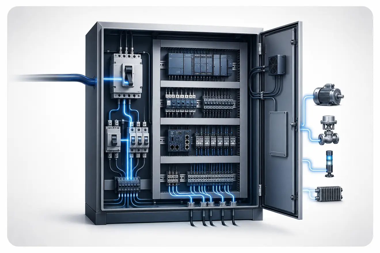 Control cabinet power path from supply to loads