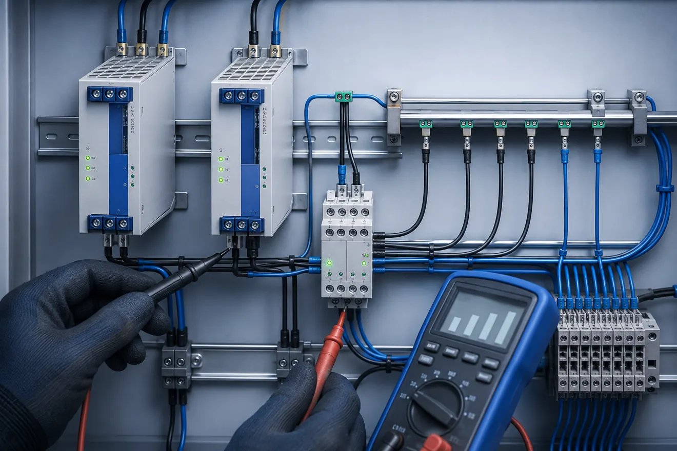 Proof testing two 24 V DC power supply paths with a multimeter at the decoupling and distribution stage