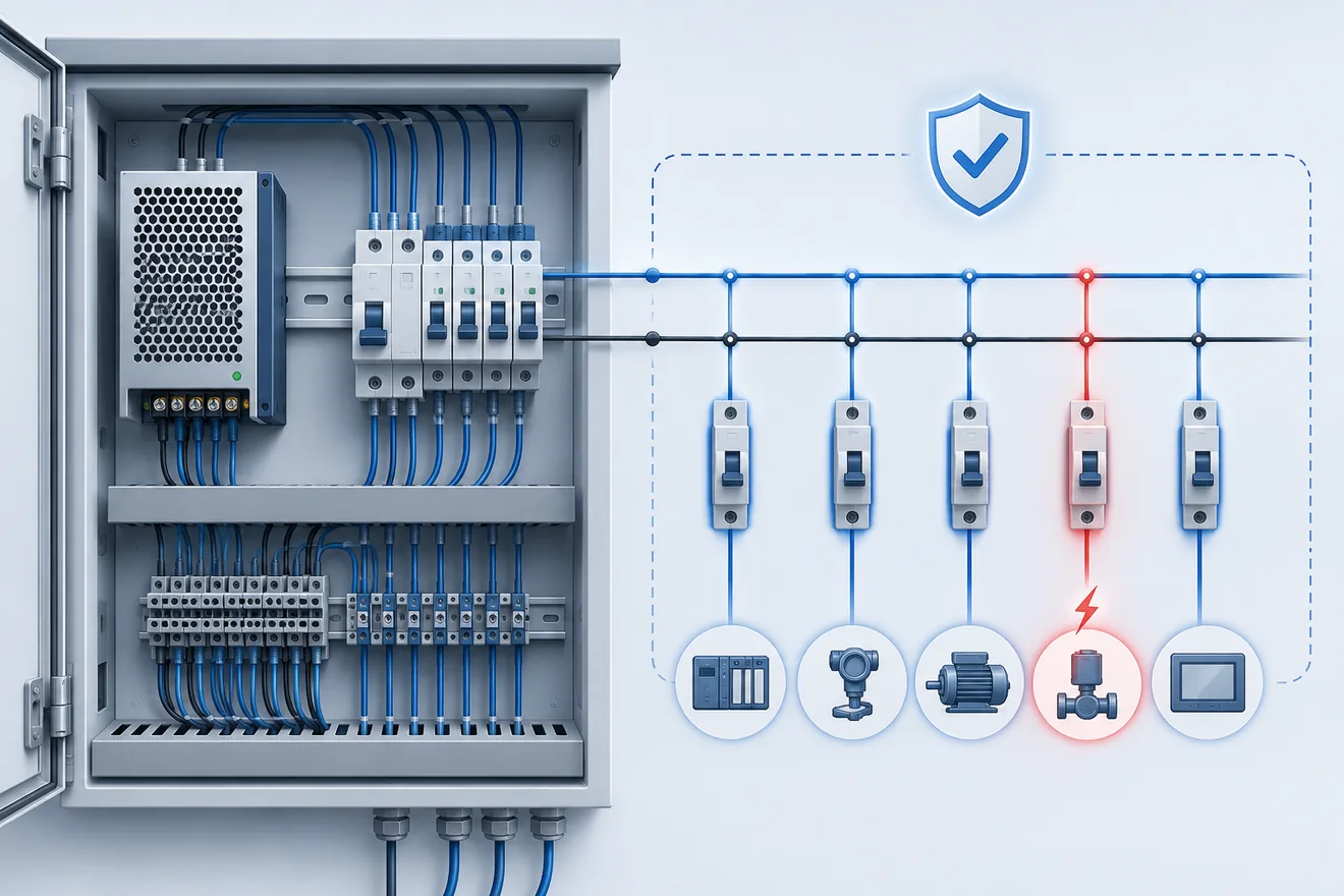 24 V DC control cabinet with protected load branches and one isolated fault