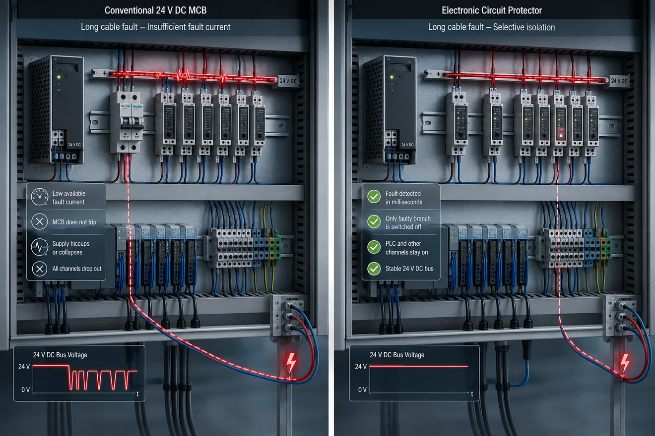 Fault current path for a 24 V DC branch circuit with long cable resistance