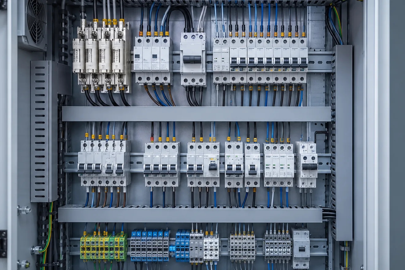 Protection path through fuses breakers terminals and load wiring in a control cabinet
