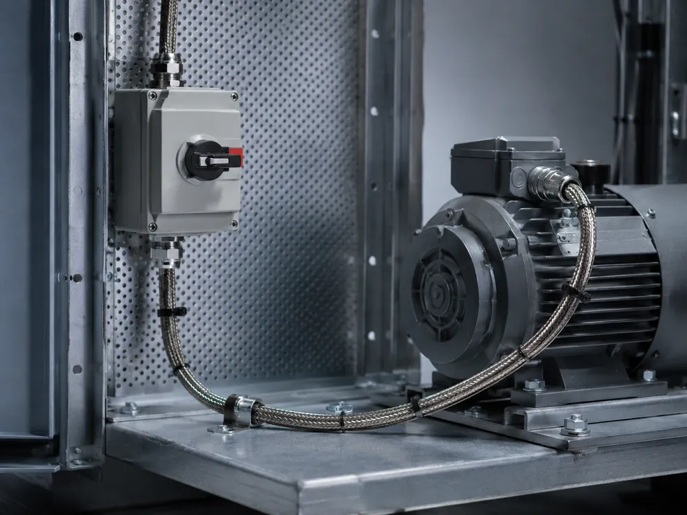 Shielded VFD motor cable routed through a local disconnect to an electric motor