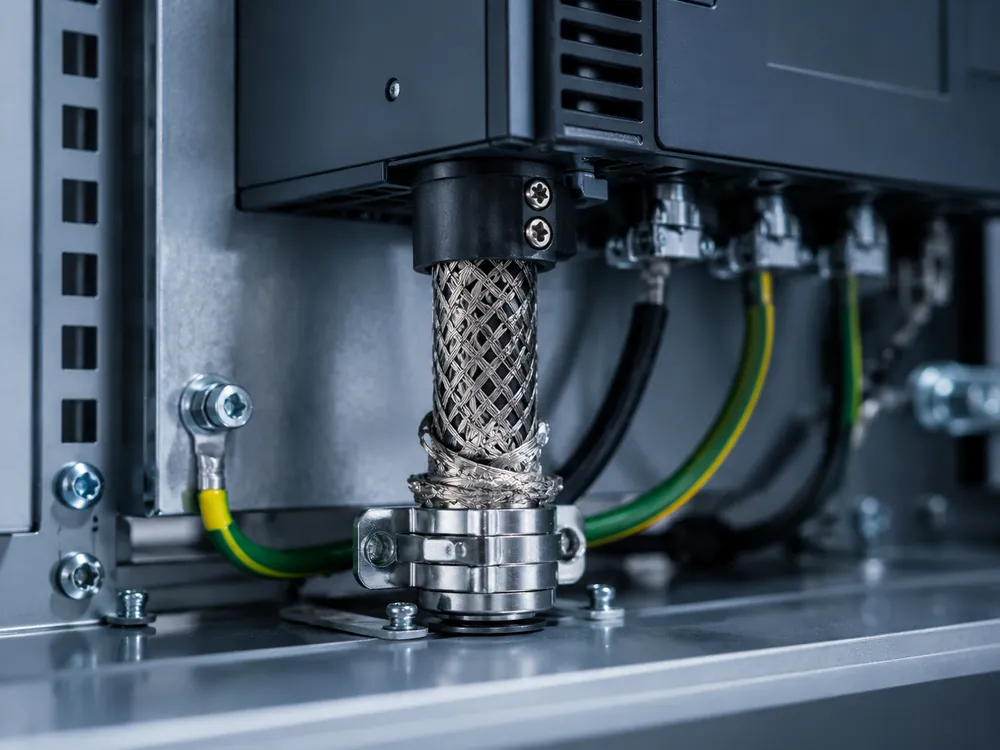 Wide metallic clamp bonding a VFD motor cable screen to the inside of a control cabinet