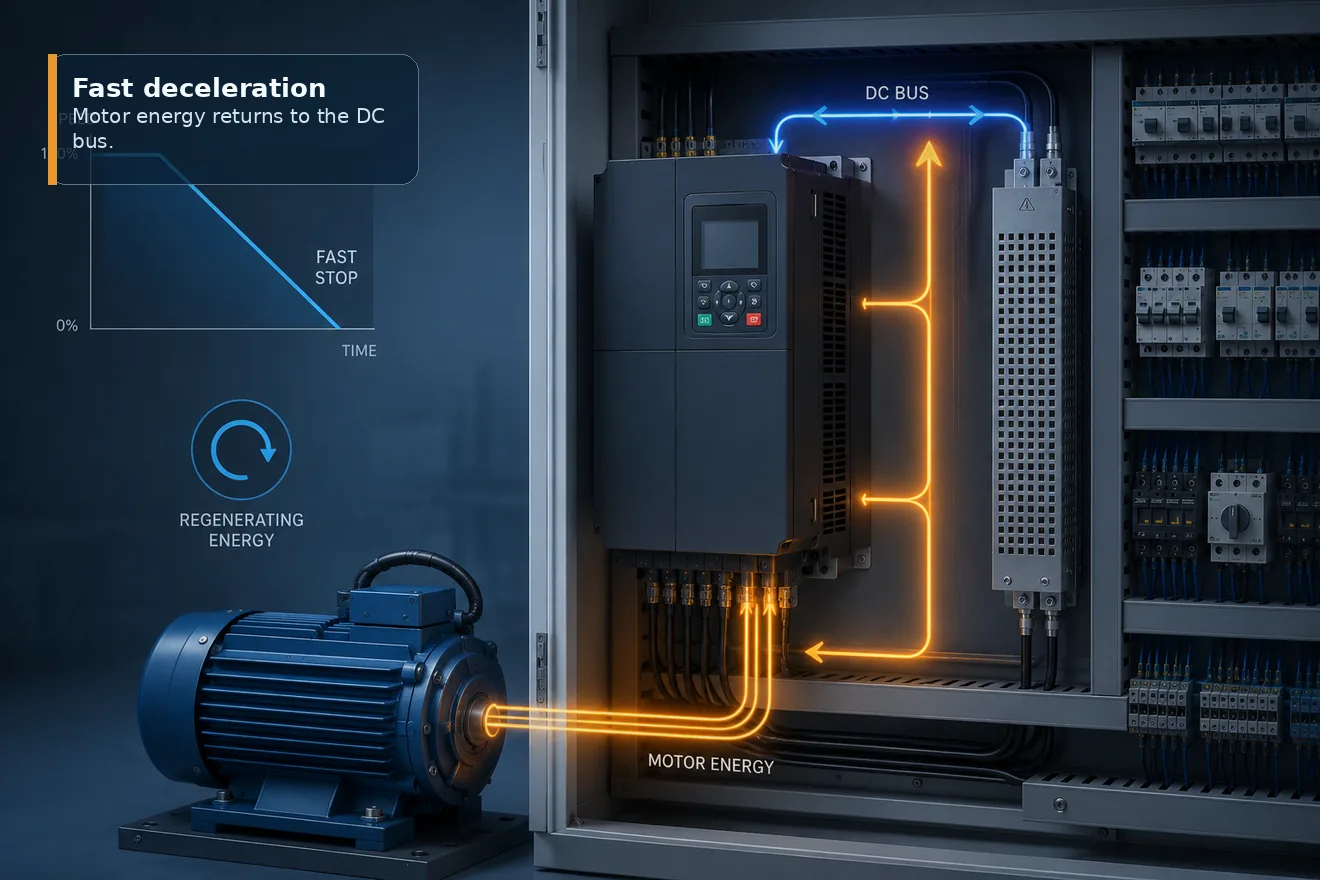 Fast deceleration energy returning from motor to VFD DC bus