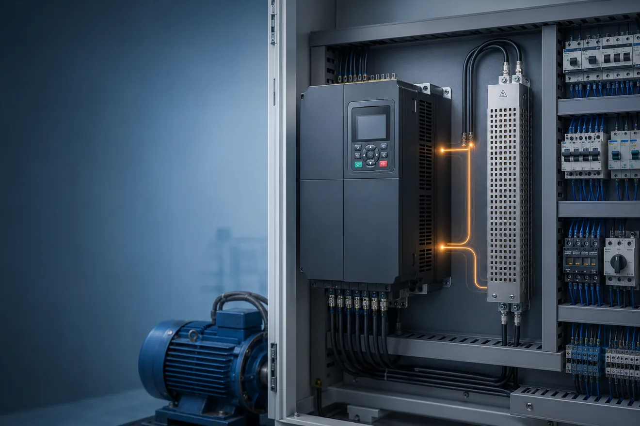 VFD drive and braking resistor inside a control cabinet for overvoltage fault diagnosis